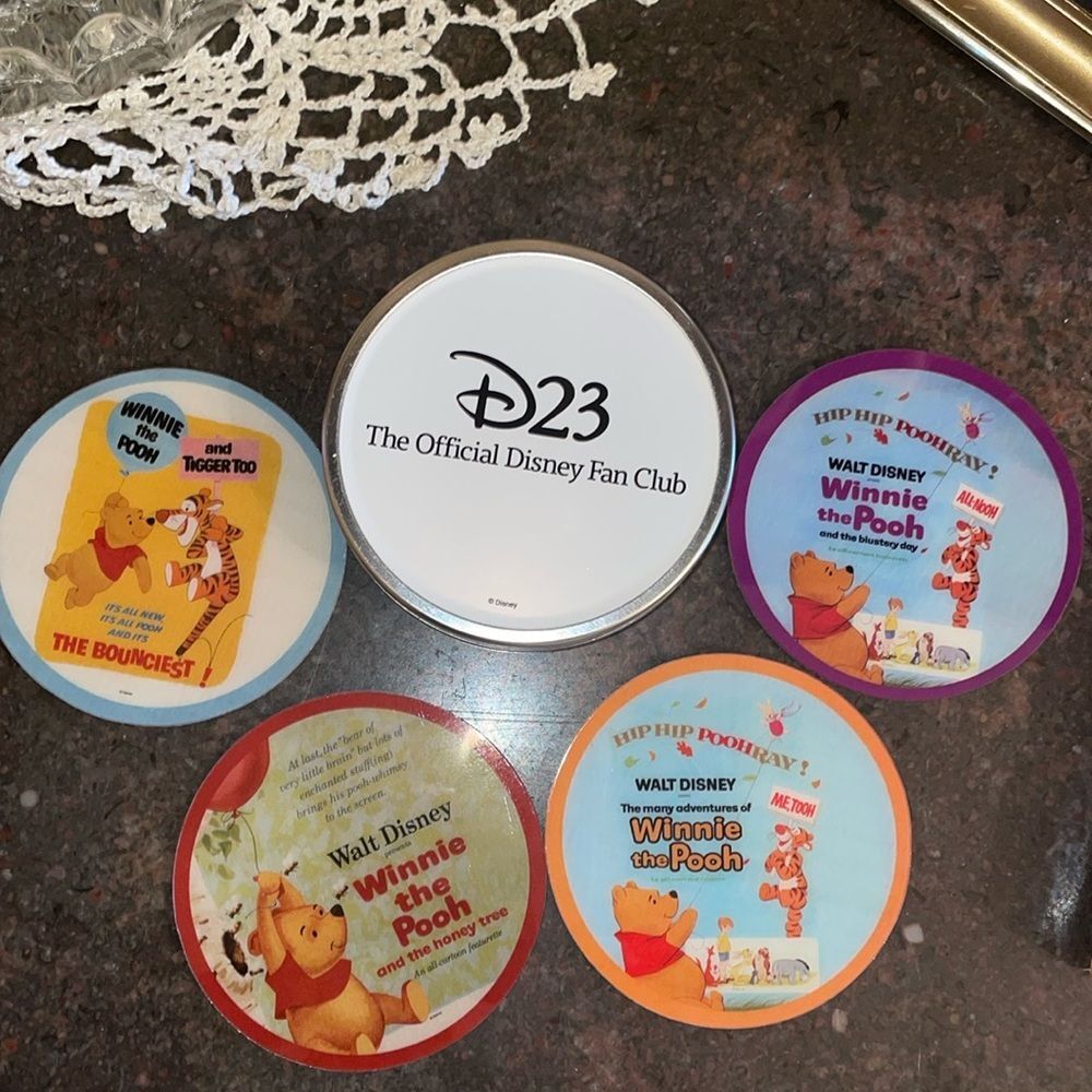 Disney D23 Exclusive Winnie the Pooh set of 4 coasters and storage tin